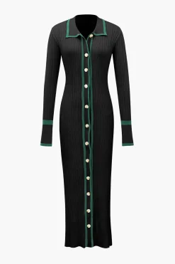 Contrast Trim Button Down Knitted Dress