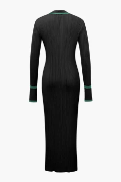 Contrast Trim Button Down Knitted Dress