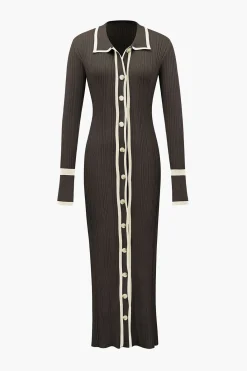 Contrast Trim Button Down Knitted Dress