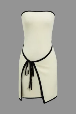 Contrast Trim Knit Tie Front Strapless Mini Dress
