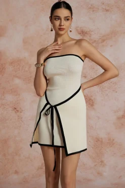 Contrast Trim Knit Tie Front Strapless Mini Dress