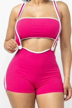 Contrast Trim Ribbed Tube Top And Shorts Set