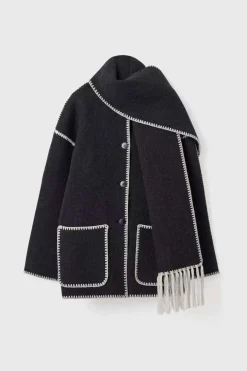 Contrast Trim Wool-blend Coat With Tassel Scarf