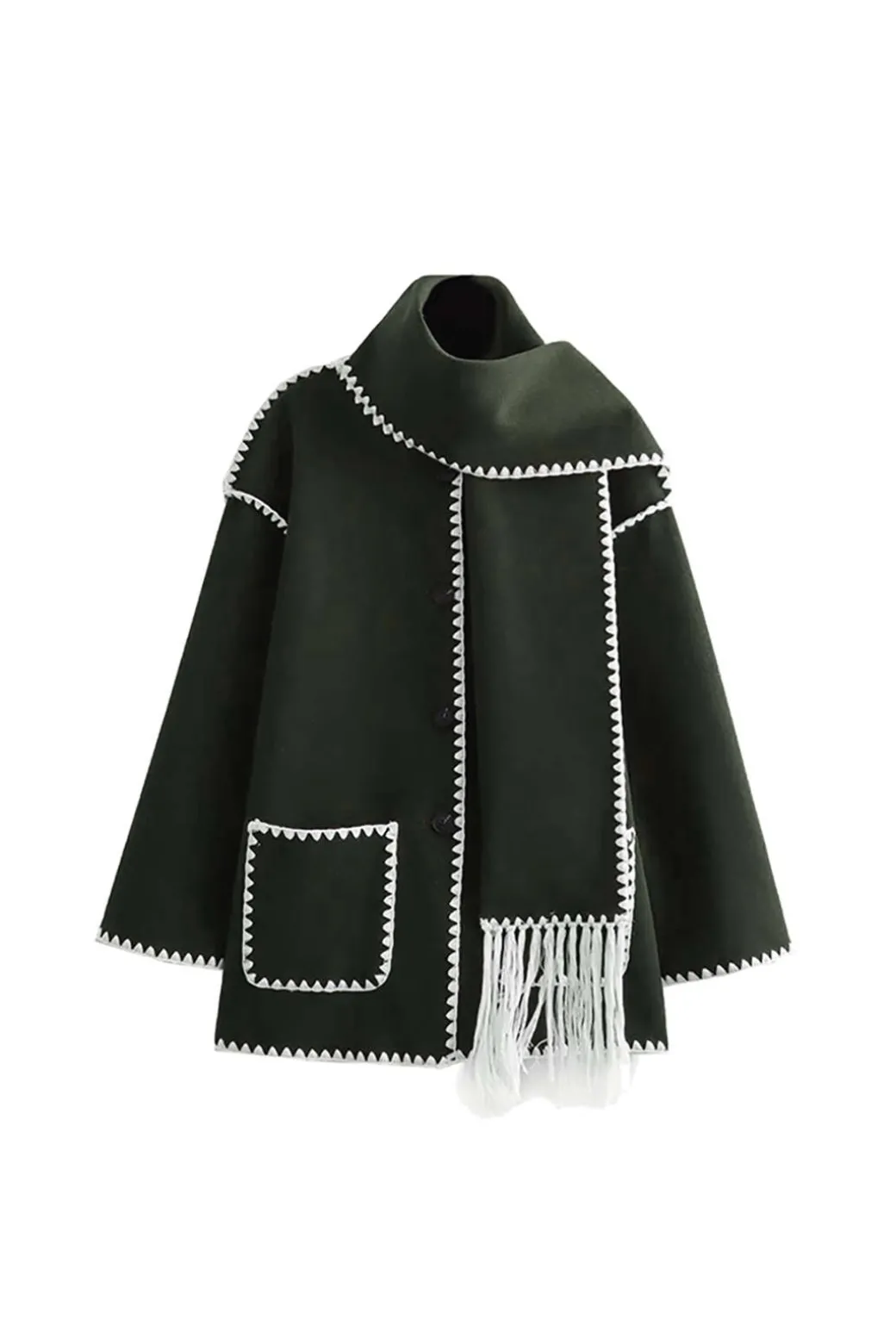 Contrast Trim Wool-blend Coat With Tassel Scarf