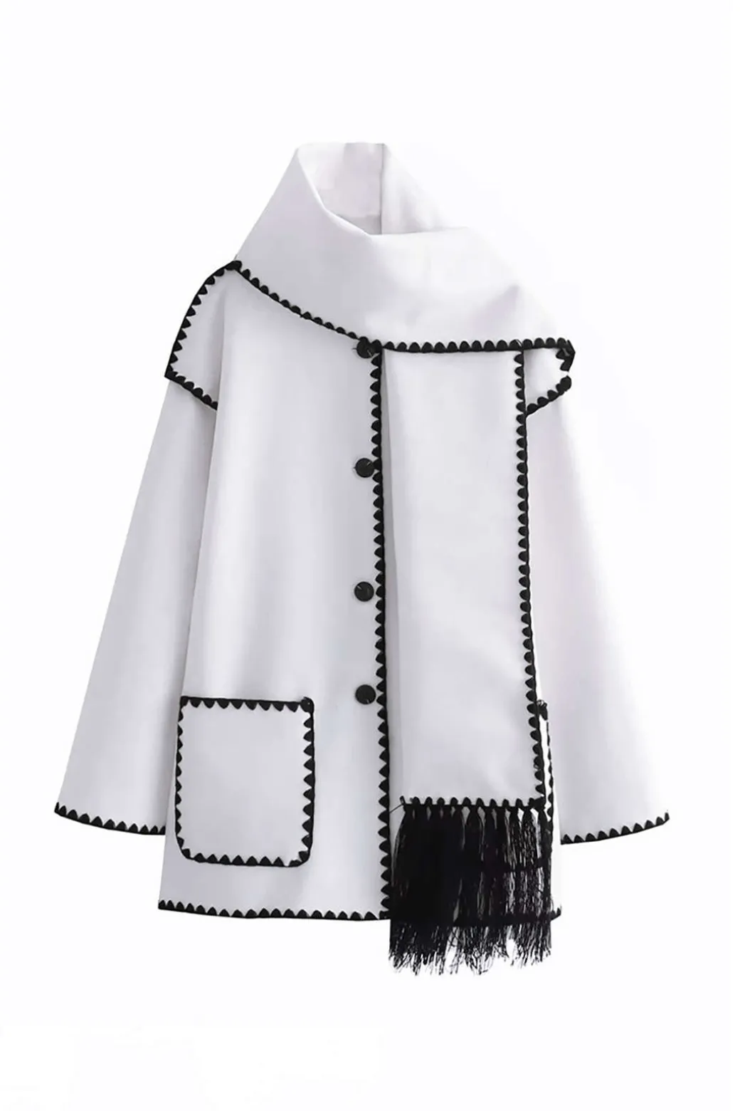 Contrast Trim Wool-blend Coat With Tassel Scarf