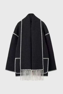 Contrast Trim Wool-blend Coat With Tassel Scarf