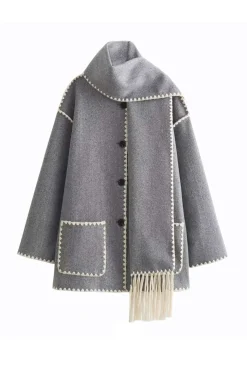 Contrast Trim Wool-blend Coat With Tassel Scarf