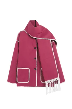 Contrast Trim Wool-blend Coat With Tassel Scarf