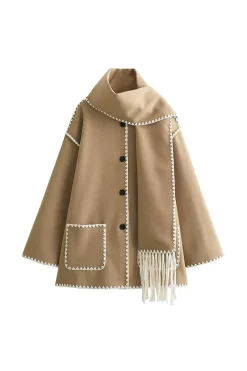 Contrast Trim Wool-blend Coat With Tassel Scarf