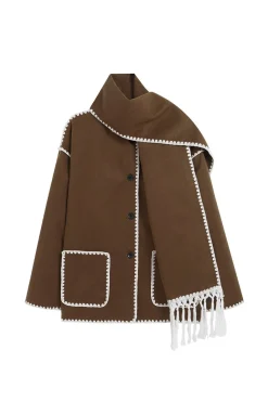 Contrast Trim Wool-blend Coat With Tassel Scarf
