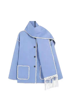 Contrast Trim Wool-blend Coat With Tassel Scarf