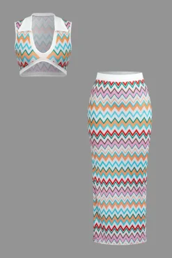 Contrast V-neck Crop Knit Tank Top And Split Maxi Skirt Set