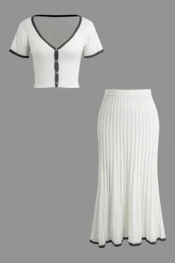 Contrast V-neck Knit Top And Pleated Midi Skirt Set