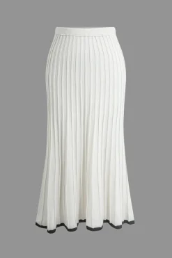 Contrast V-neck Knit Top And Pleated Midi Skirt Set