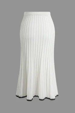 Contrast V-neck Knit Top And Pleated Midi Skirt Set