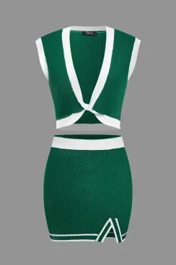 Contrast V-neck Knit Top And Mini Skirt Set