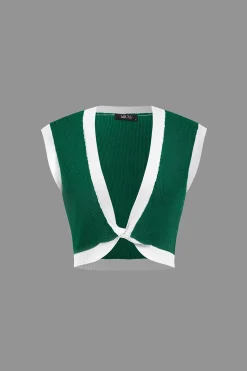 Contrast V-neck Knit Top And Mini Skirt Set