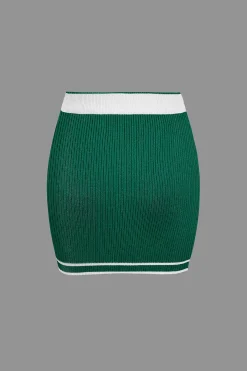 Contrast V-neck Knit Top And Mini Skirt Set