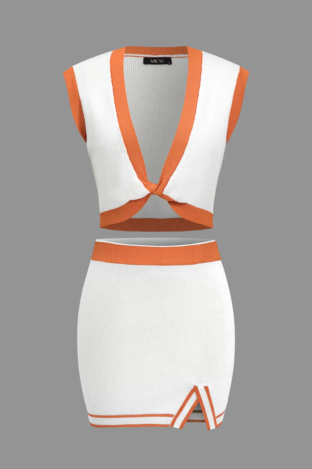 Contrast V-neck Knit Top And Mini Skirt Set