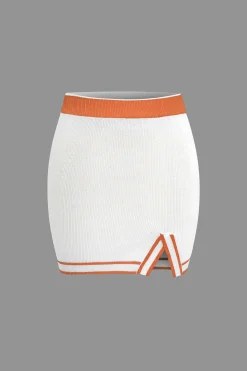 Contrast V-neck Knit Top And Mini Skirt Set