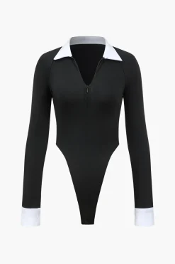 Contrast V-neck Long Sleeve Bodysuit