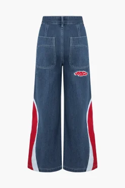 Contrast Wave Pattern Wide Leg Jeans