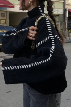 Contrast Whipstitching Turtleneck Long Sleeve Sweater