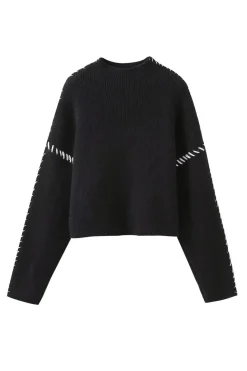 Contrast Whipstitching Turtleneck Long Sleeve Sweater