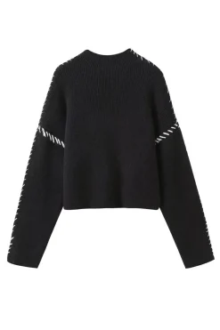 Contrast Whipstitching Turtleneck Long Sleeve Sweater