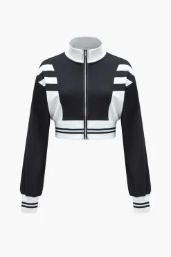 Contrast Zipper Collar Cropped Jacket And Trousers Set