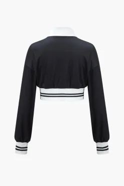 Contrast Zipper Collar Cropped Jacket And Trousers Set