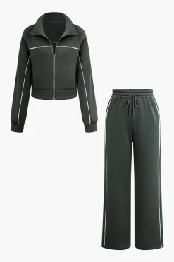 Contrast Zipper Trousers Set