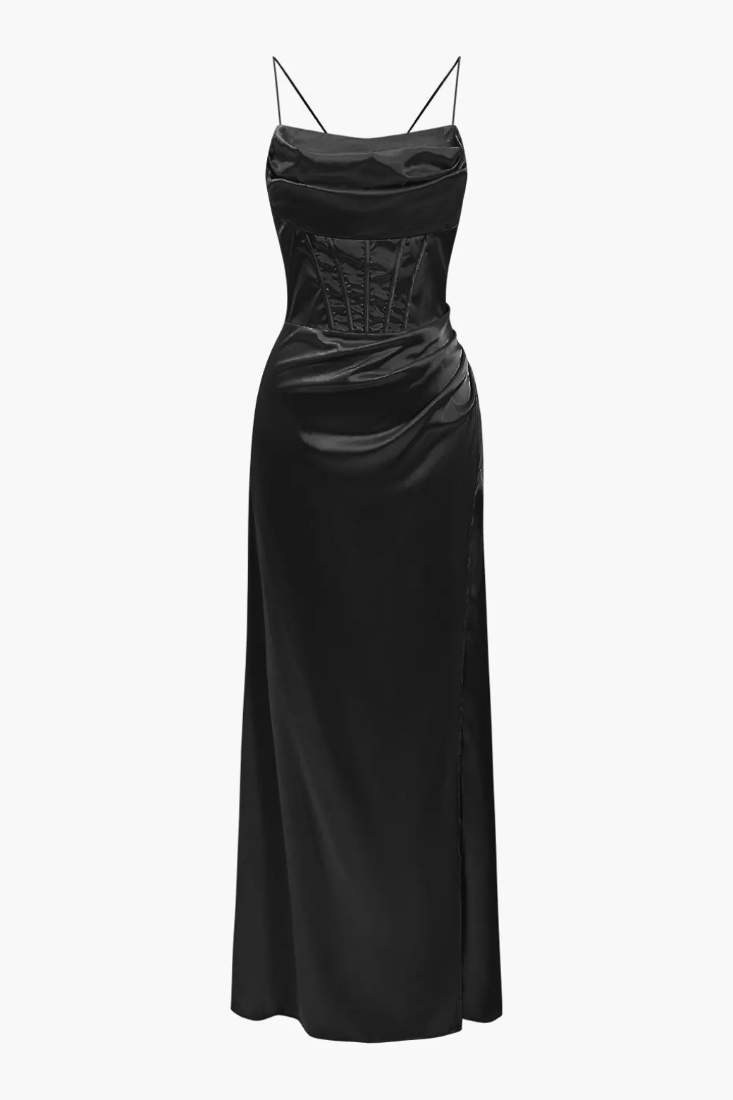 Corset Cowl Neck High Slit Maxi Dress