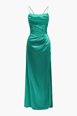 Corset Cowl Neck High Slit Maxi Dress