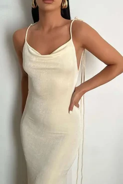 Cowl Neck Backless Tie Maxi Dress