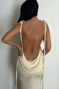 Cowl Neck Backless Tie Maxi Dress