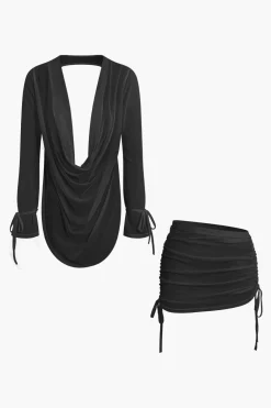 Cowl Neck Backless Tie Mesh Top And Asymmetrical Mini Skirt Set