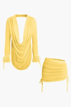 Cowl Neck Backless Tie Mesh Top And Asymmetrical Mini Skirt Set