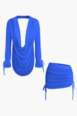 Cowl Neck Backless Tie Mesh Top And Asymmetrical Mini Skirt Set