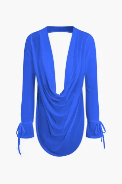Cowl Neck Backless Tie Mesh Top And Asymmetrical Mini Skirt Set