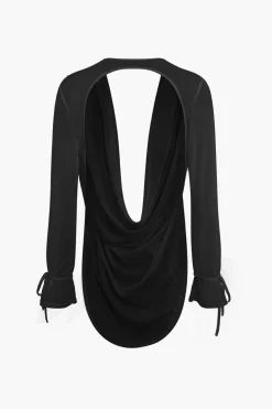 Cowl Neck Backless Tie Mesh Top And Asymmetrical Mini Skirt Set