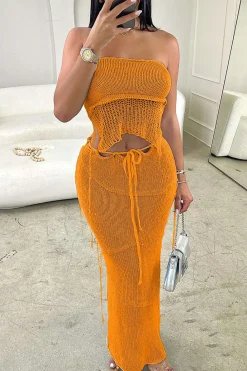 Crochet Backless Tube Top And Split Skirt Set