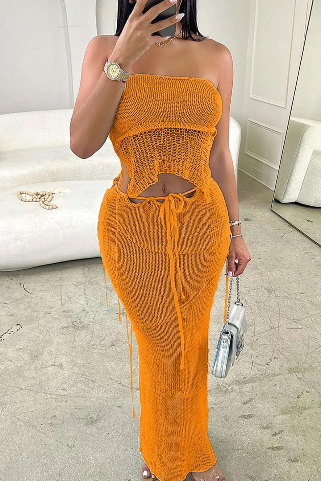Crochet Backless Tube Top And Split Skirt Set
