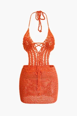 Crochet Halter Backless Mini Dress
