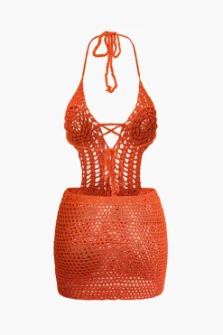 Crochet Halter Backless Mini Dress