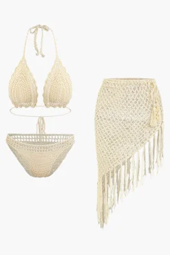 Crochet Halter Neck Bikini Set And Asymmetric Tassel Cover Up Set