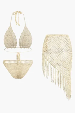Crochet Halter Neck Bikini Set And Asymmetric Tassel Cover Up Set