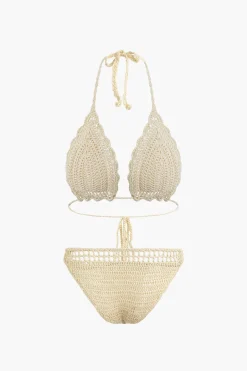 Crochet Halter Neck Bikini Set And Asymmetric Tassel Cover Up Set