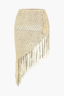 Crochet Halter Neck Bikini Set And Asymmetric Tassel Cover Up Set