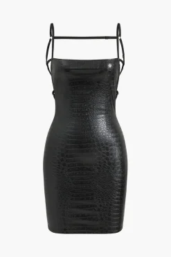 Crocodile Faux Leather Backless Sleeveless Slip Mini Dress